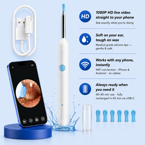 Eardrop cleaning device with smartphone app, USB cable, and additional tips on a blue background